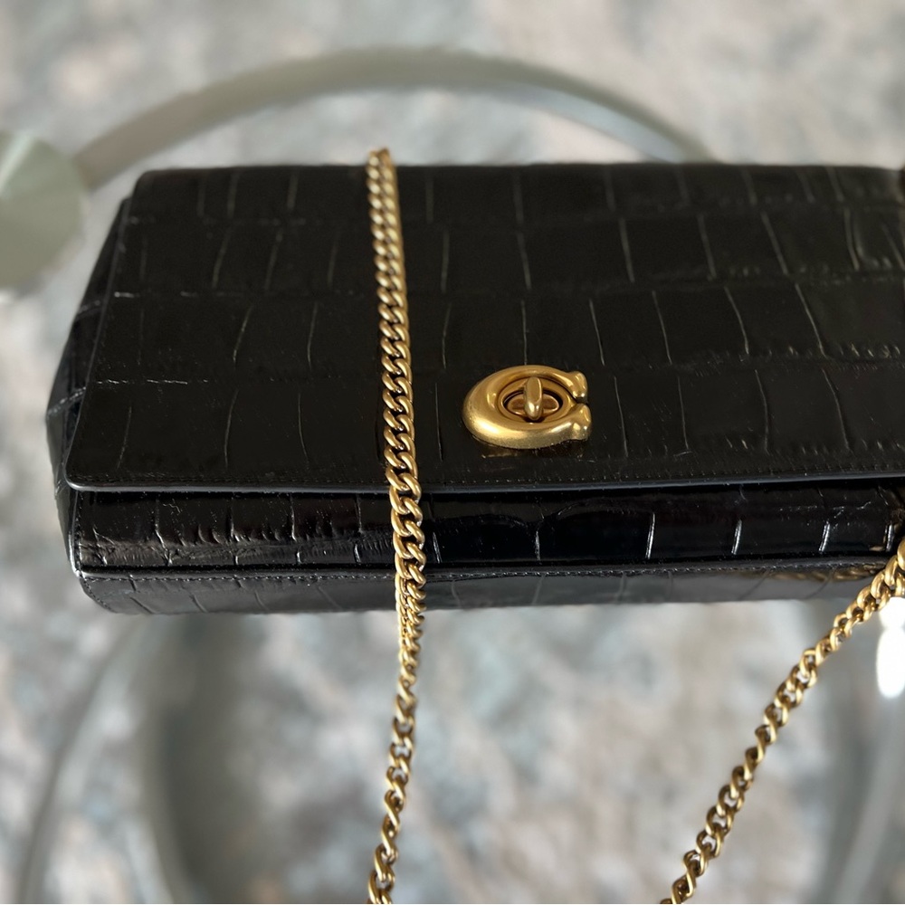 Coach Black Croc-Embossed Clutch with Gold Chain